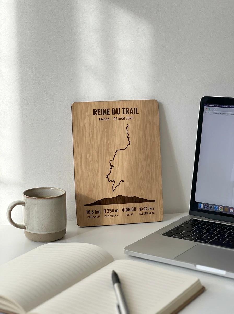 Trophée « Reine du trail » posé contre un mur sur un bureau, à côté d’une tasse et d’un ordinateur