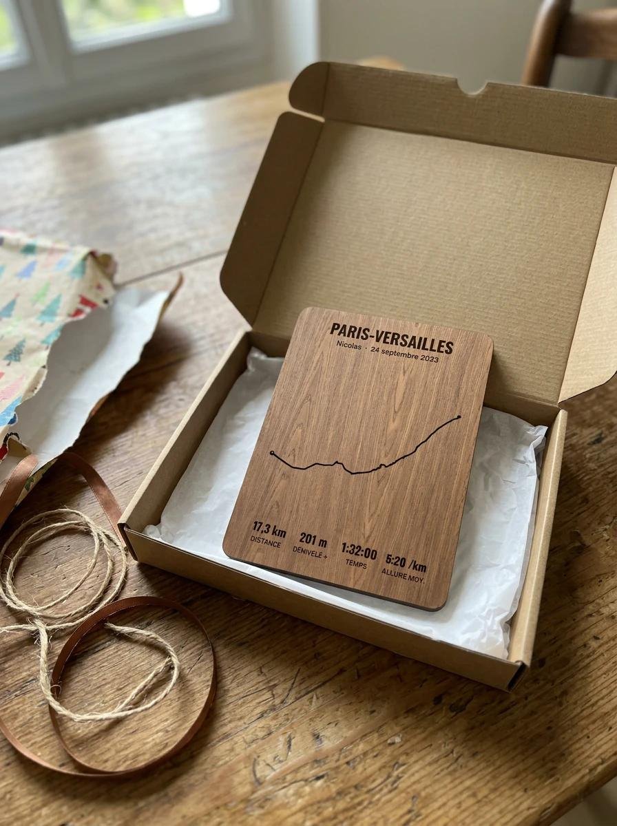 Trophée Paris-Versailles en noyer dans sa boîte cadeau en carton kraft, sur une table en bois