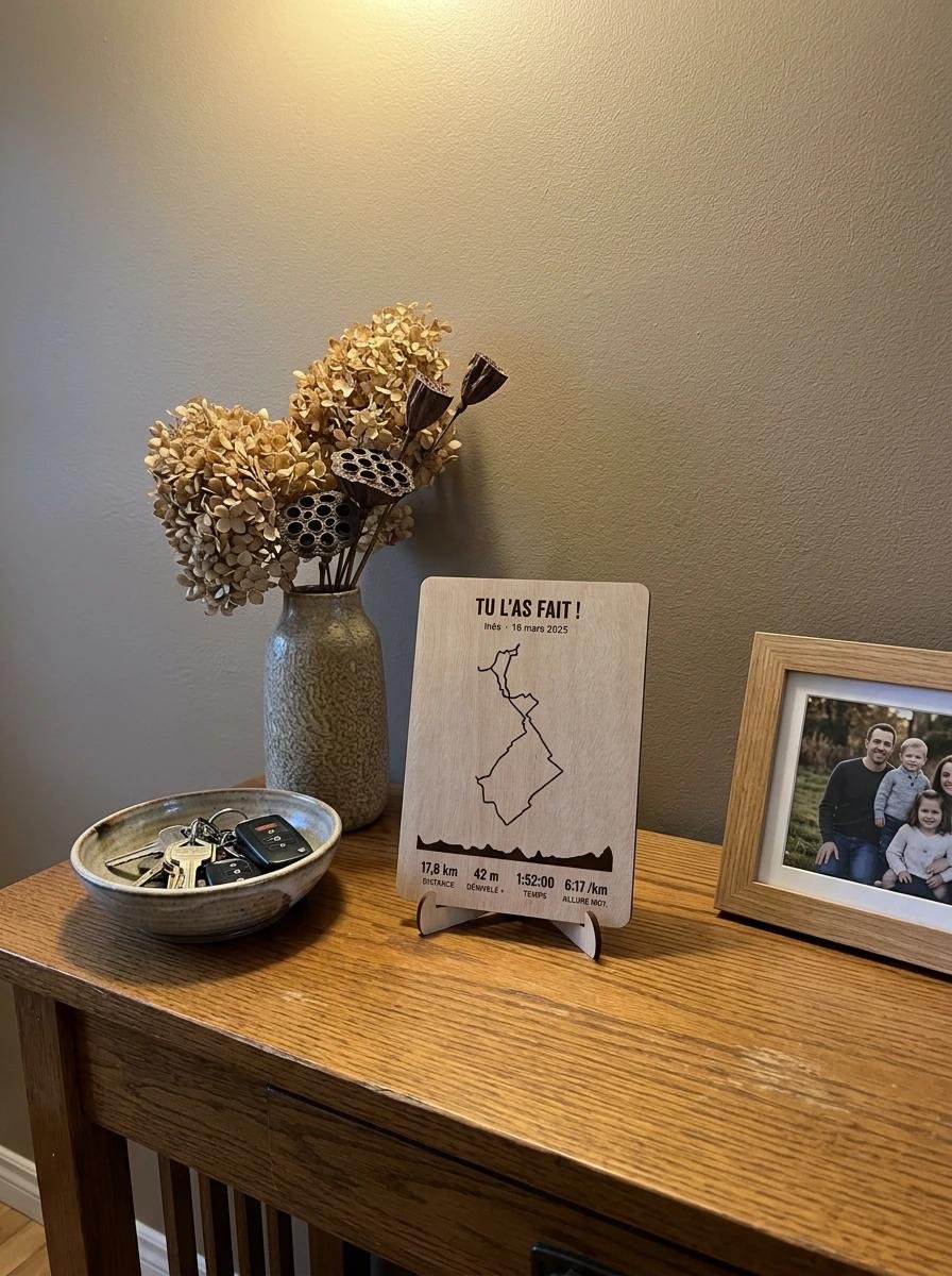 Trophée « Tu l’as fait ! » sur son pied, sur une console d’entrée près d’un vase et d’un cadre photo