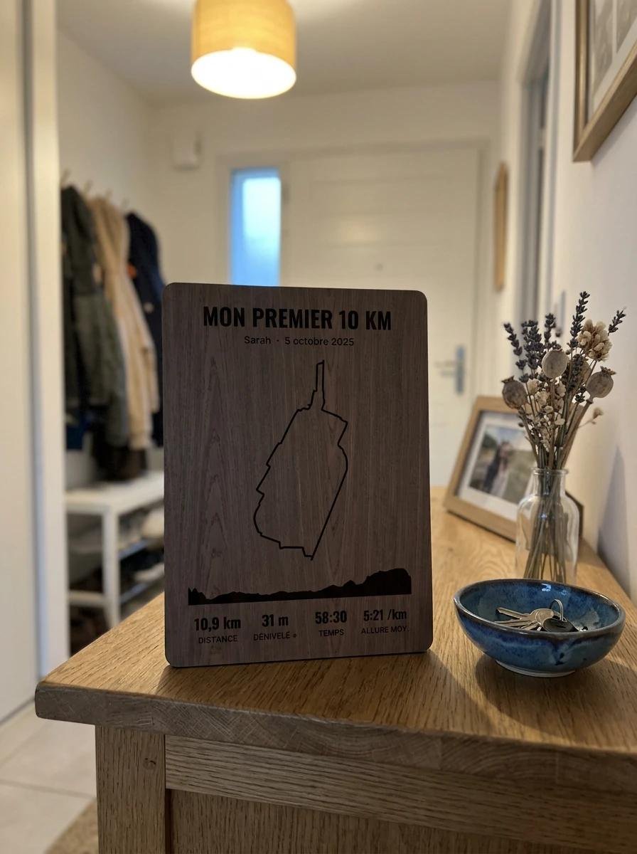 Trophée « Mon premier 10 km » en noyer sur un meuble d’entrée, à côté d’un bol de clés et d’un bouquet de fleurs séchées