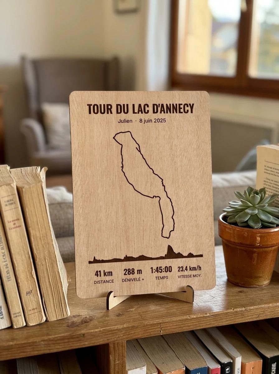 Trophée Tour du lac d’Annecy sur son pied, sur une étagère entre des livres et une plante