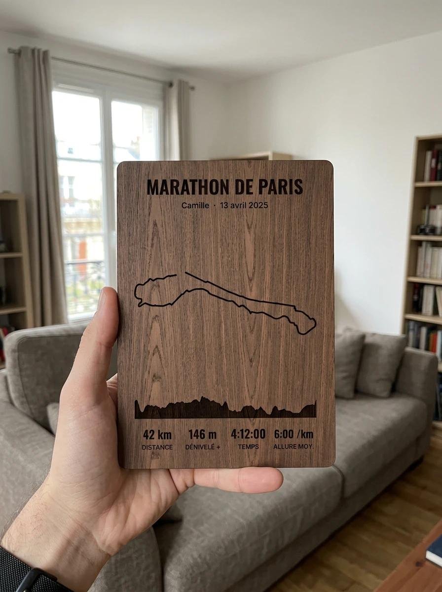 Trophée Marathon de Paris en noyer tenu à la main dans un salon
