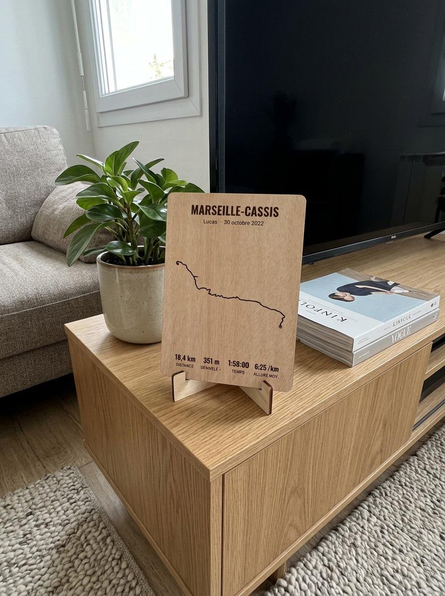 Trophée Marseille-Cassis sur son pied, sur un meuble télé près d’une plante